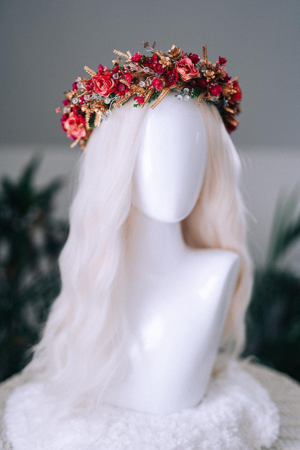 Red Gold Christmas Winter Crown Floral Holiday Headpiece Festive Goddess Tiara