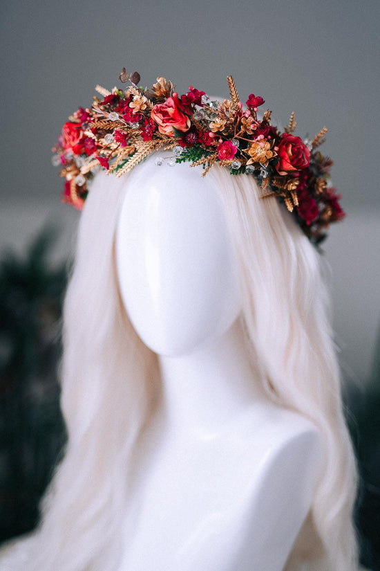 Red Gold Christmas Winter Crown Floral Holiday Headpiece Festive Goddess Tiara