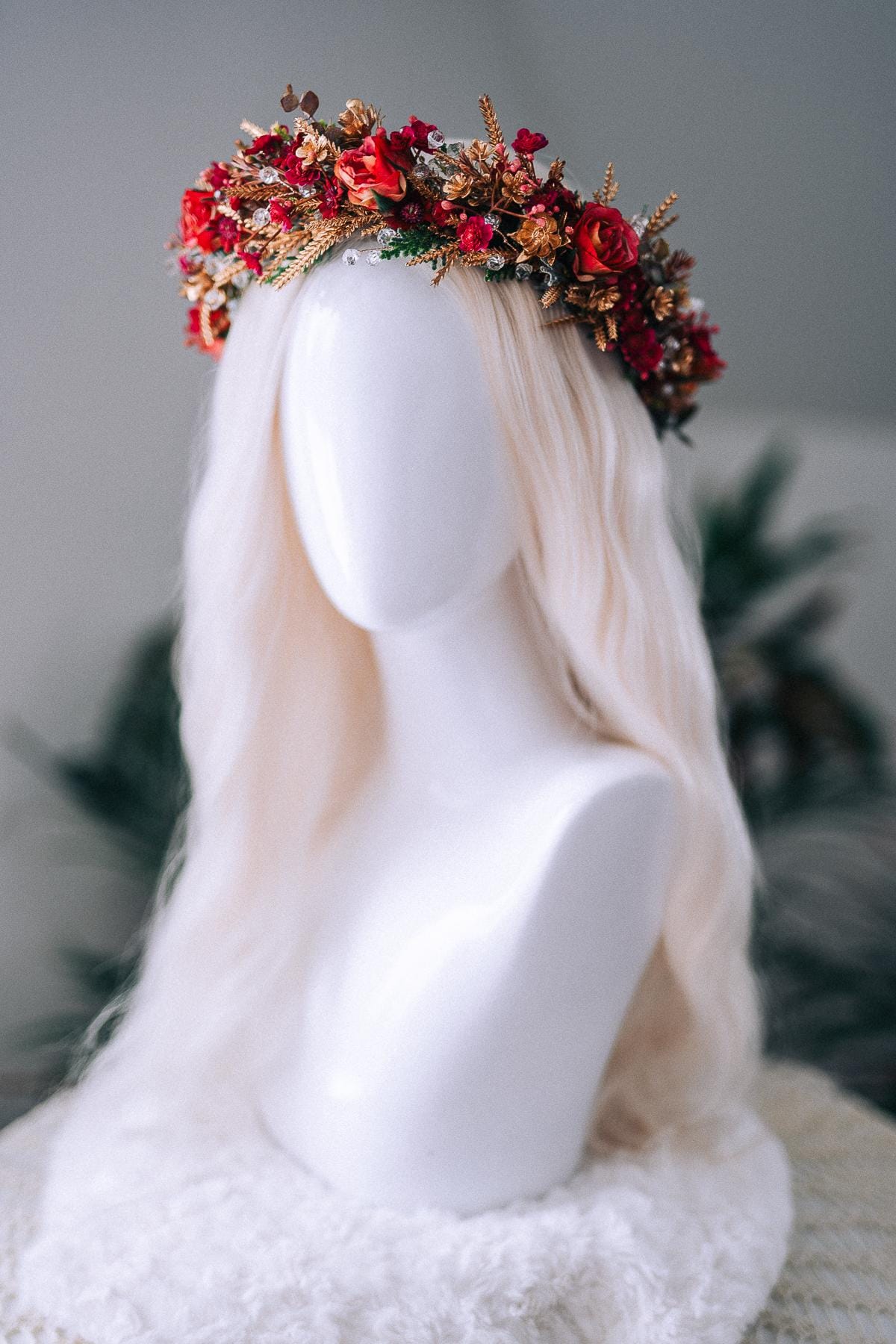 Red Gold Christmas Winter Crown Floral Holiday Headpiece Festive Goddess Tiara