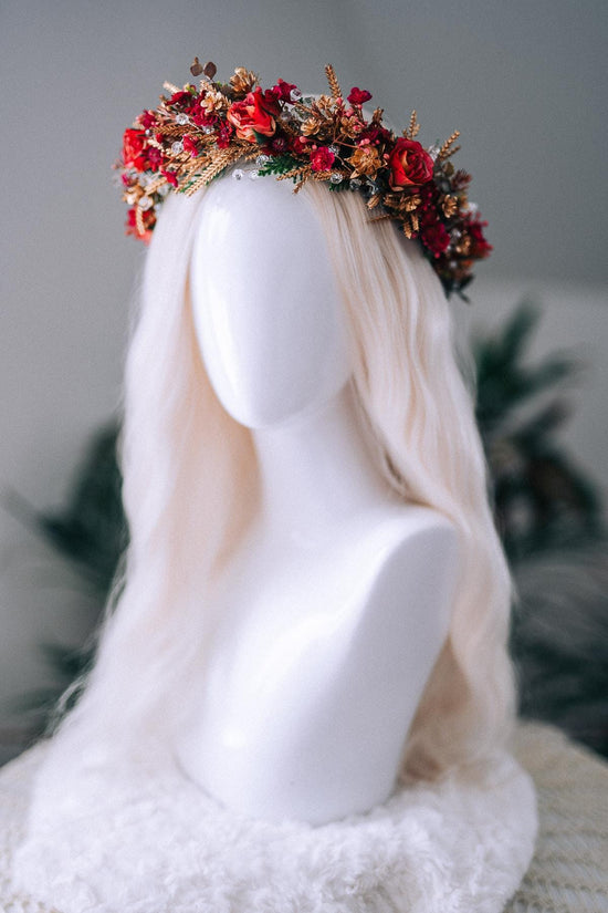 Red Gold Christmas Winter Crown Floral Holiday Headpiece Festive Goddess Tiara