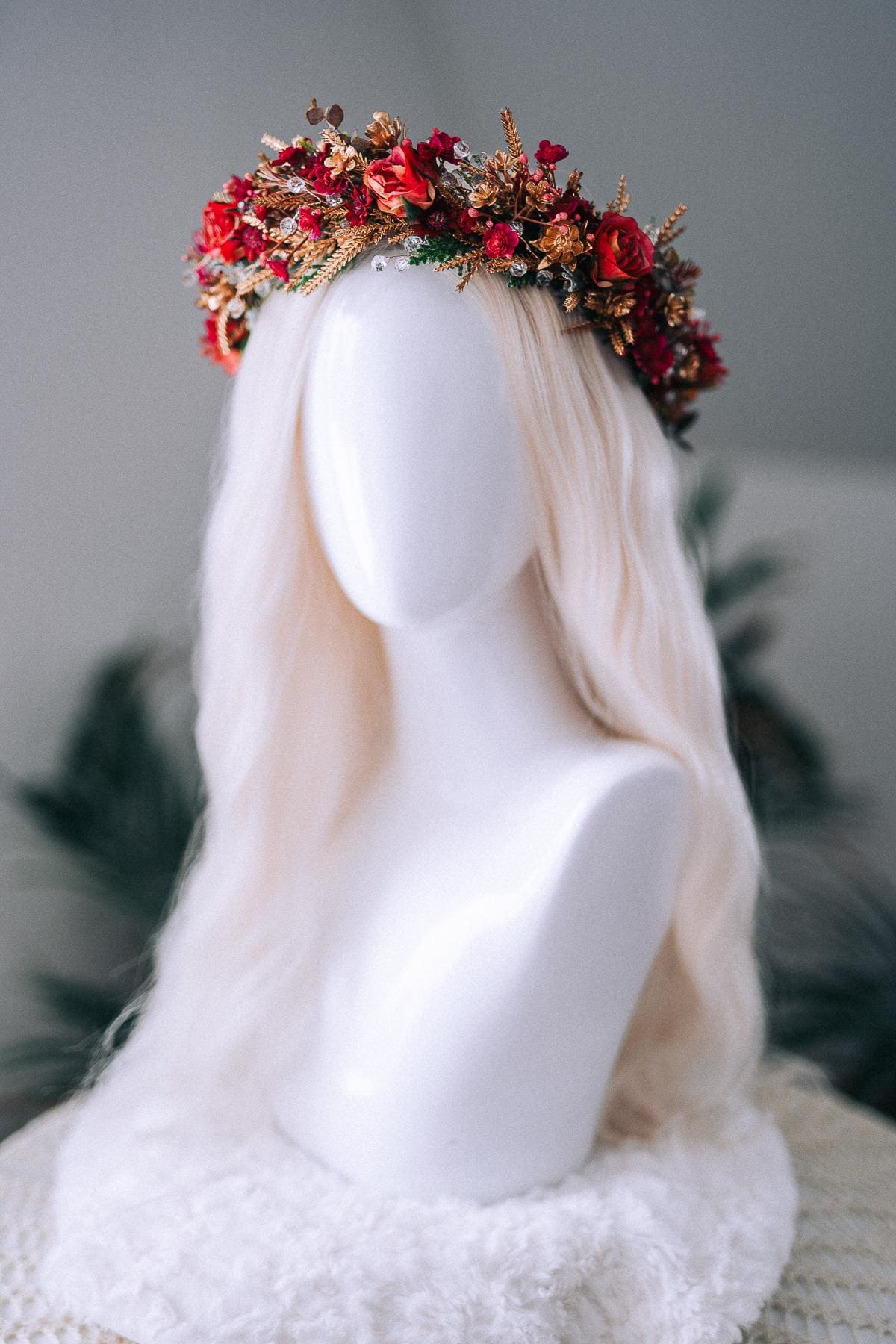 Red Gold Christmas Winter Crown Floral Holiday Headpiece Festive Goddess Tiara