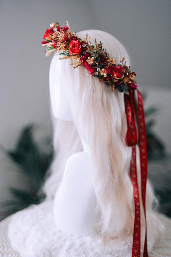 Red Gold Christmas Winter Crown Floral Holiday Headpiece Festive Goddess Tiara