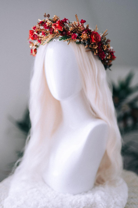 Red Gold Christmas Winter Crown Floral Holiday Headpiece Festive Goddess Tiara