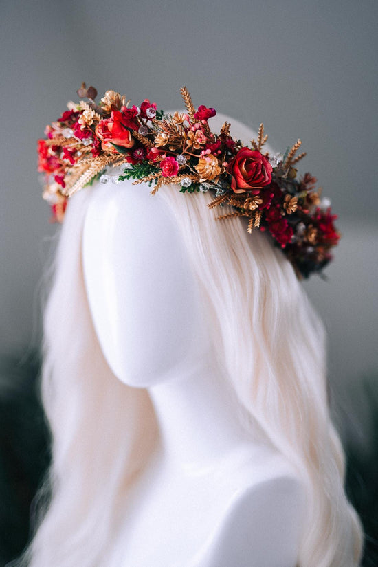 Red Gold Christmas Winter Crown Floral Holiday Headpiece Festive Goddess Tiara