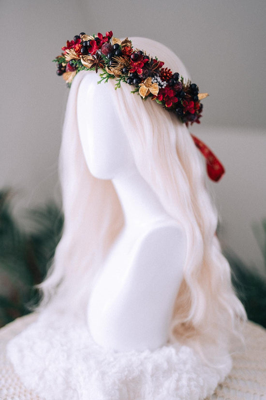 Red Gold Berry Christmas Crown Winter Floral Holiday Headpiece Festive Goddess Tiara