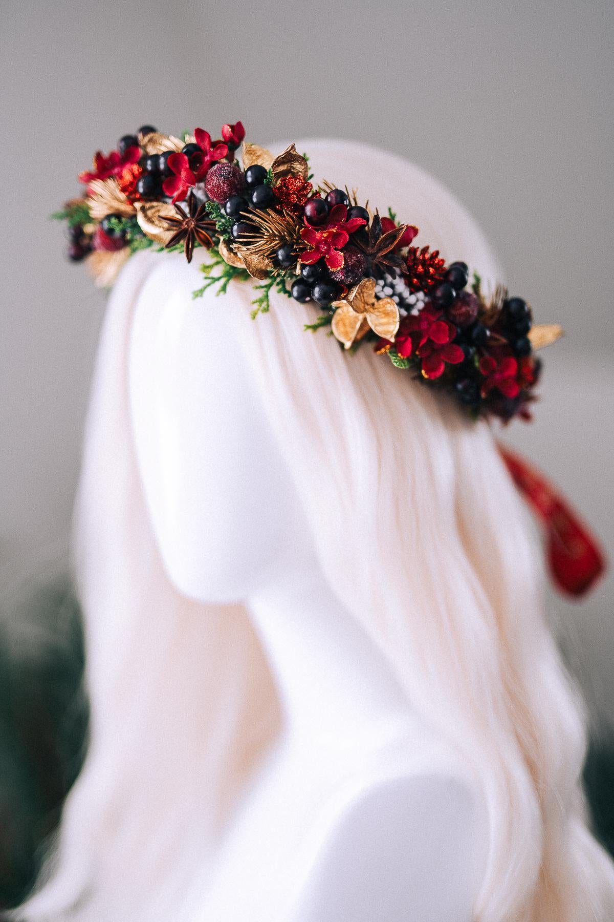 Red Gold Berry Christmas Crown Winter Floral Holiday Headpiece Festive Goddess Tiara