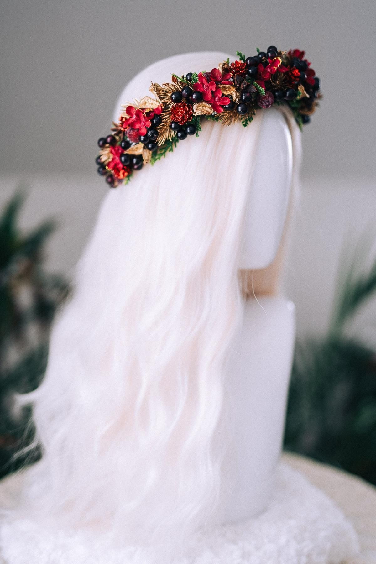 Red Gold Berry Christmas Crown Winter Floral Holiday Headpiece Festive Goddess Tiara