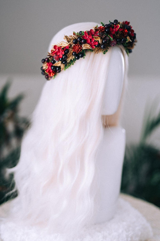 Red Gold Berry Christmas Crown Winter Floral Holiday Headpiece Festive Goddess Tiara