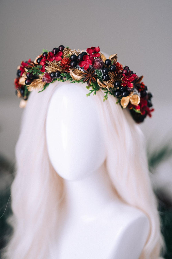Red Gold Berry Christmas Crown Winter Floral Holiday Headpiece Festive Goddess Tiara