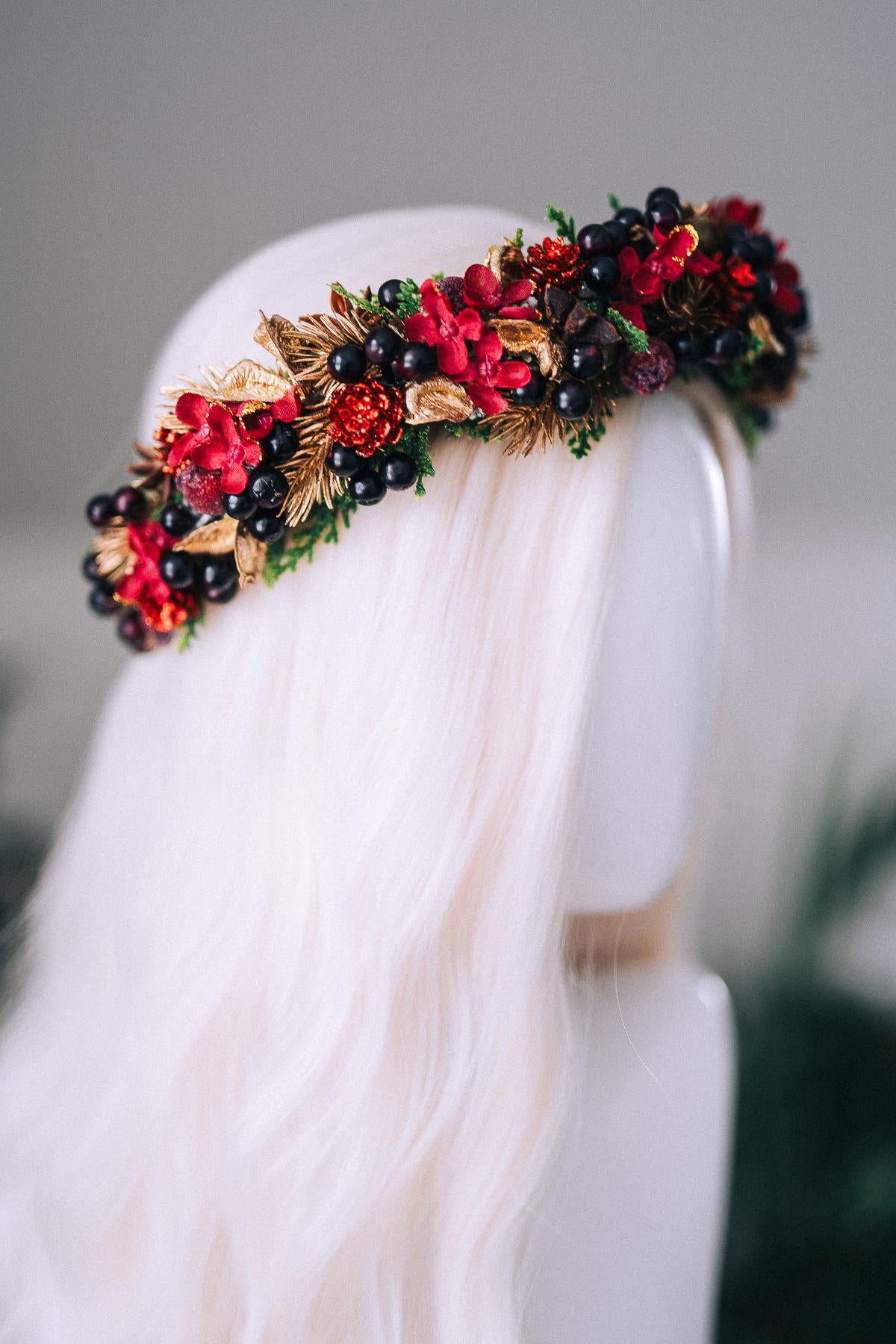 Red Gold Berry Christmas Crown Winter Floral Holiday Headpiece Festive Goddess Tiara