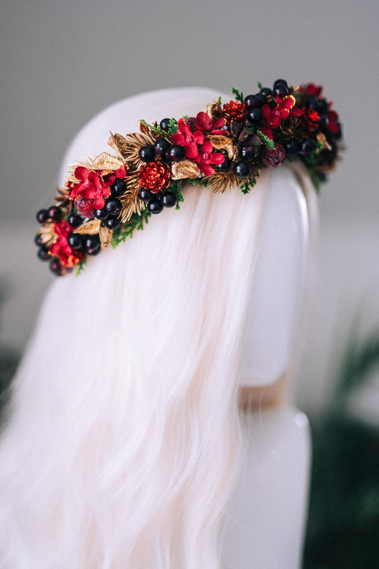 Red Gold Berry Christmas Crown Winter Floral Holiday Headpiece Festive Goddess Tiara