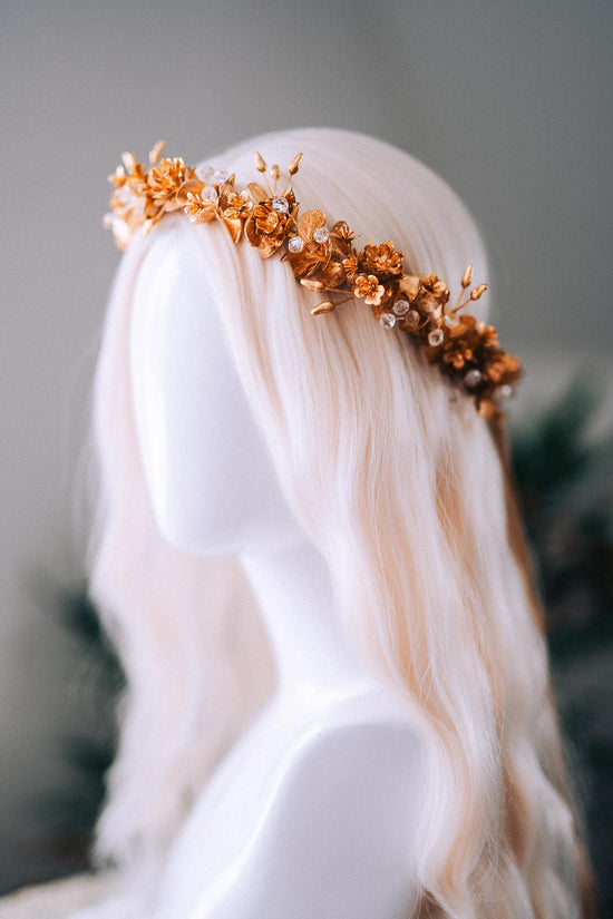 Gold Floral Winter Crown Christmas Holiday Headpiece Festive Goddess Tiara