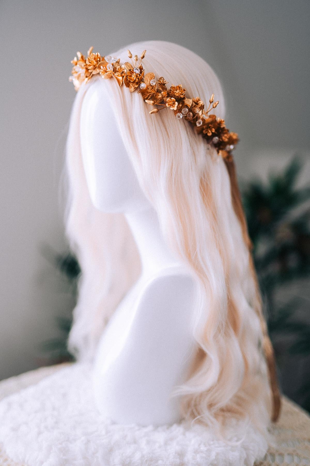 Gold Floral Winter Crown Christmas Holiday Headpiece Festive Goddess Tiara