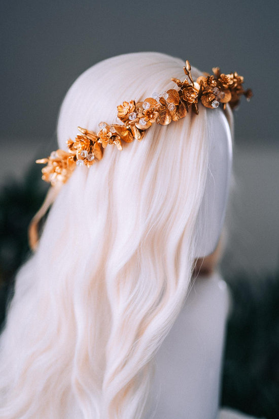 Gold Floral Winter Crown Christmas Holiday Headpiece Festive Goddess Tiara