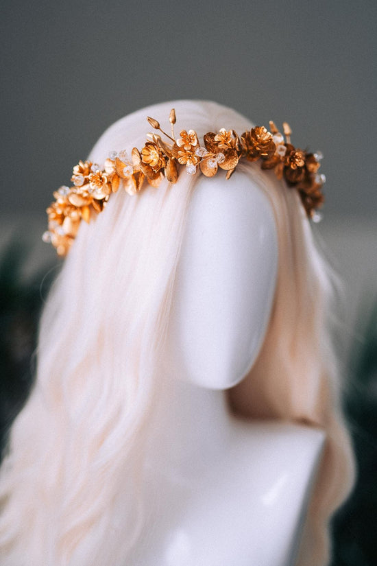 Gold Floral Winter Crown Christmas Holiday Headpiece Festive Goddess Tiara
