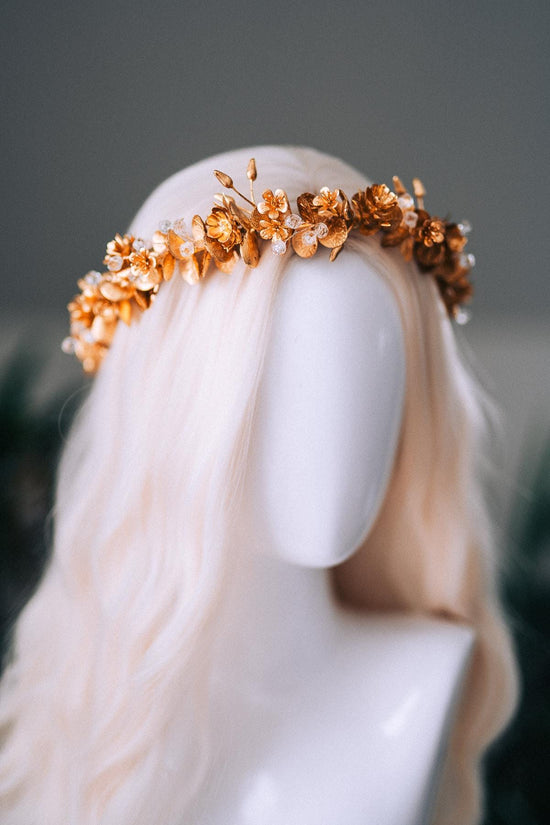 Gold Floral Winter Crown Christmas Holiday Headpiece Festive Goddess Tiara