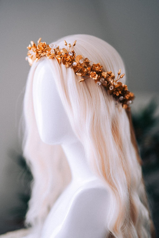 Gold Floral Winter Crown Christmas Holiday Headpiece Festive Goddess Tiara