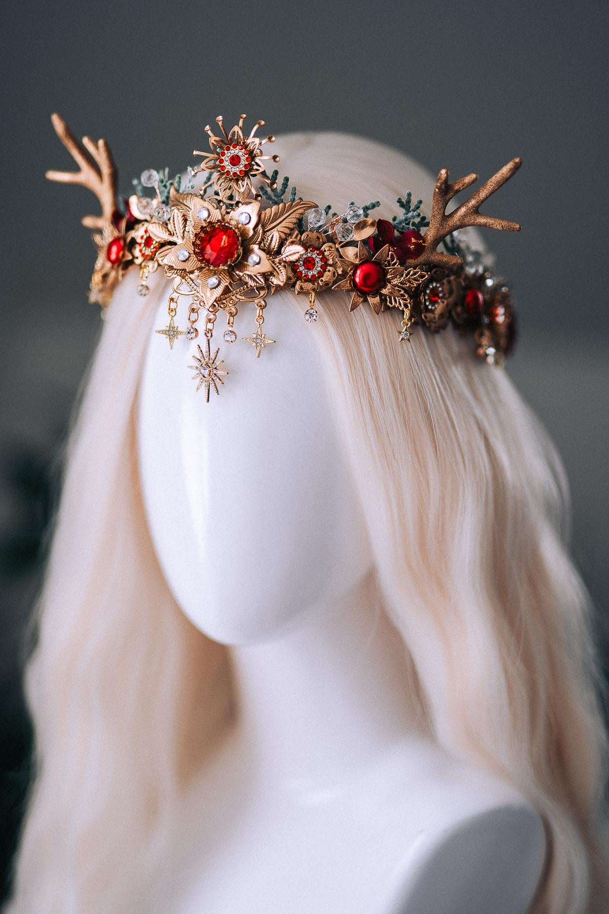 Red Gold Reindeer Christmas Crown Festive Holiday Headpiece Winter Goddess Tiara