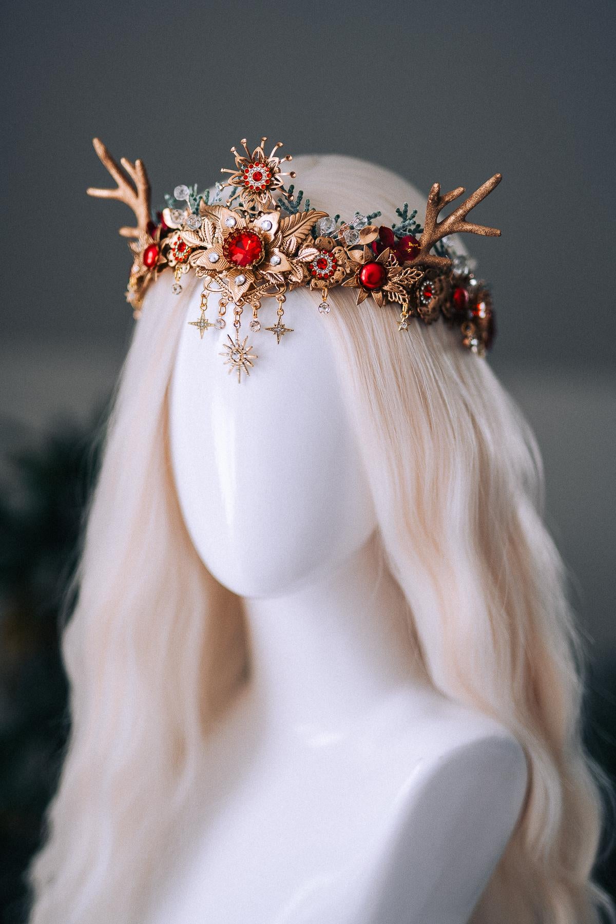 Red Gold Reindeer Christmas Crown Festive Holiday Headpiece Winter Goddess Tiara