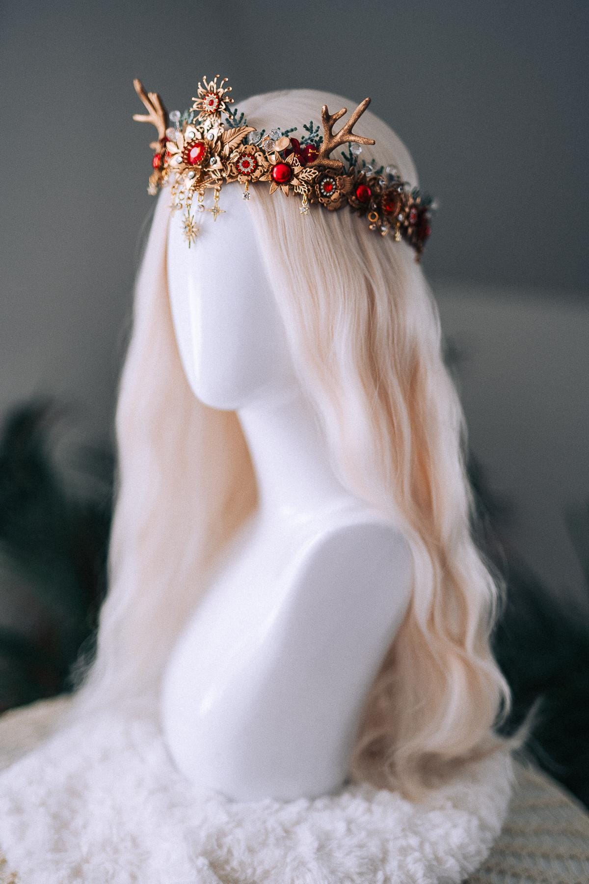 Red Gold Reindeer Christmas Crown Festive Holiday Headpiece Winter Goddess Tiara