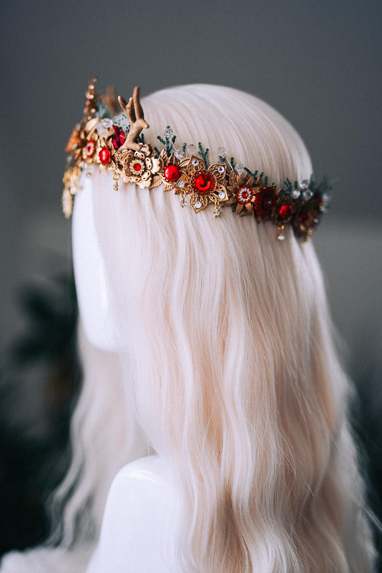 Red Gold Reindeer Christmas Crown Festive Holiday Headpiece Winter Goddess Tiara