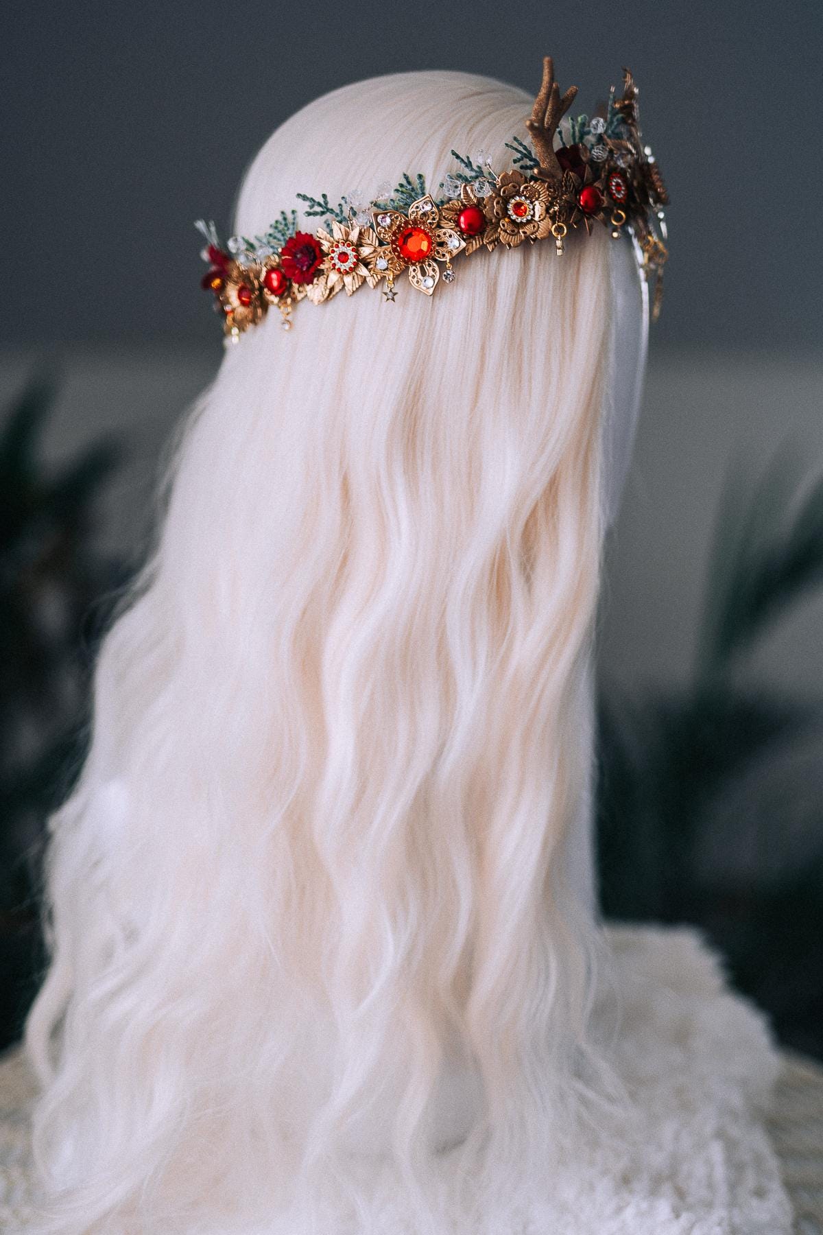 Red Gold Reindeer Christmas Crown Festive Holiday Headpiece Winter Goddess Tiara