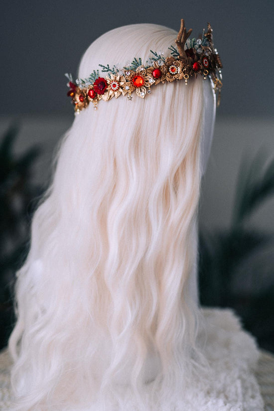 Red Gold Reindeer Christmas Crown Festive Holiday Headpiece Winter Goddess Tiara