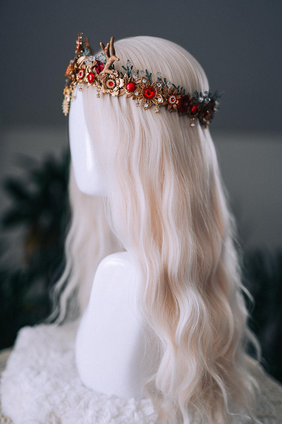 Red Gold Reindeer Christmas Crown Festive Holiday Headpiece Winter Goddess Tiara