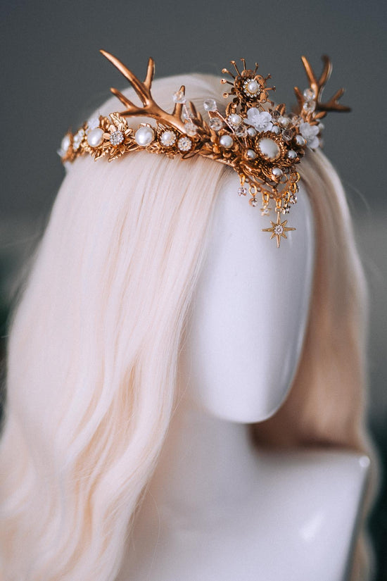 White Gold Winter Deer Crown Goddess Headpiece