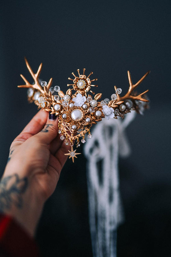 White Gold Winter Deer Crown Goddess Headpiece