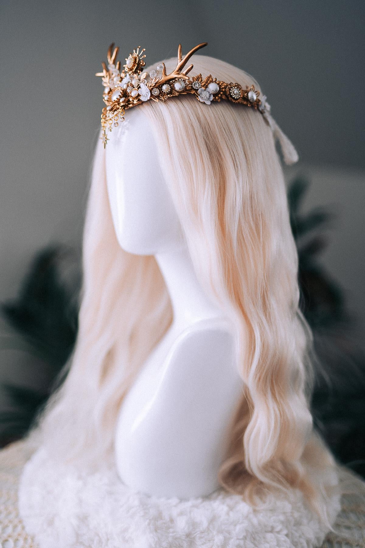 White Gold Winter Deer Crown Goddess Headpiece