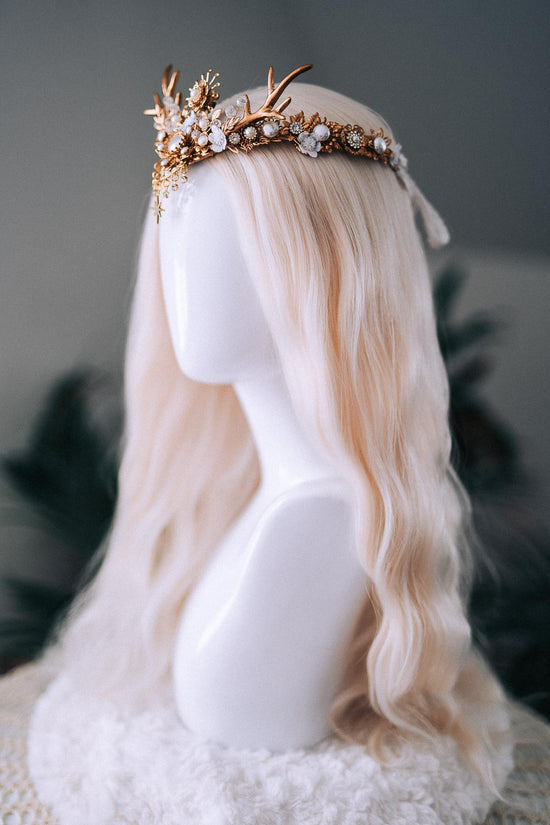 White Gold Winter Deer Crown Goddess Headpiece