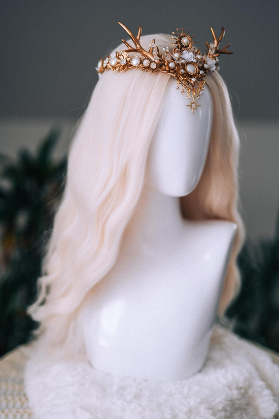 White Gold Winter Deer Crown Goddess Headpiece