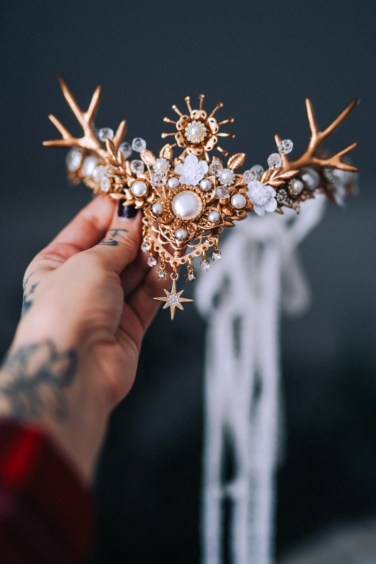White Gold Winter Deer Crown Goddess Headpiece