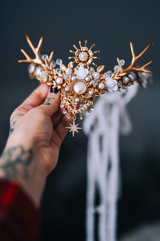 White Gold Winter Deer Crown Goddess Headpiece