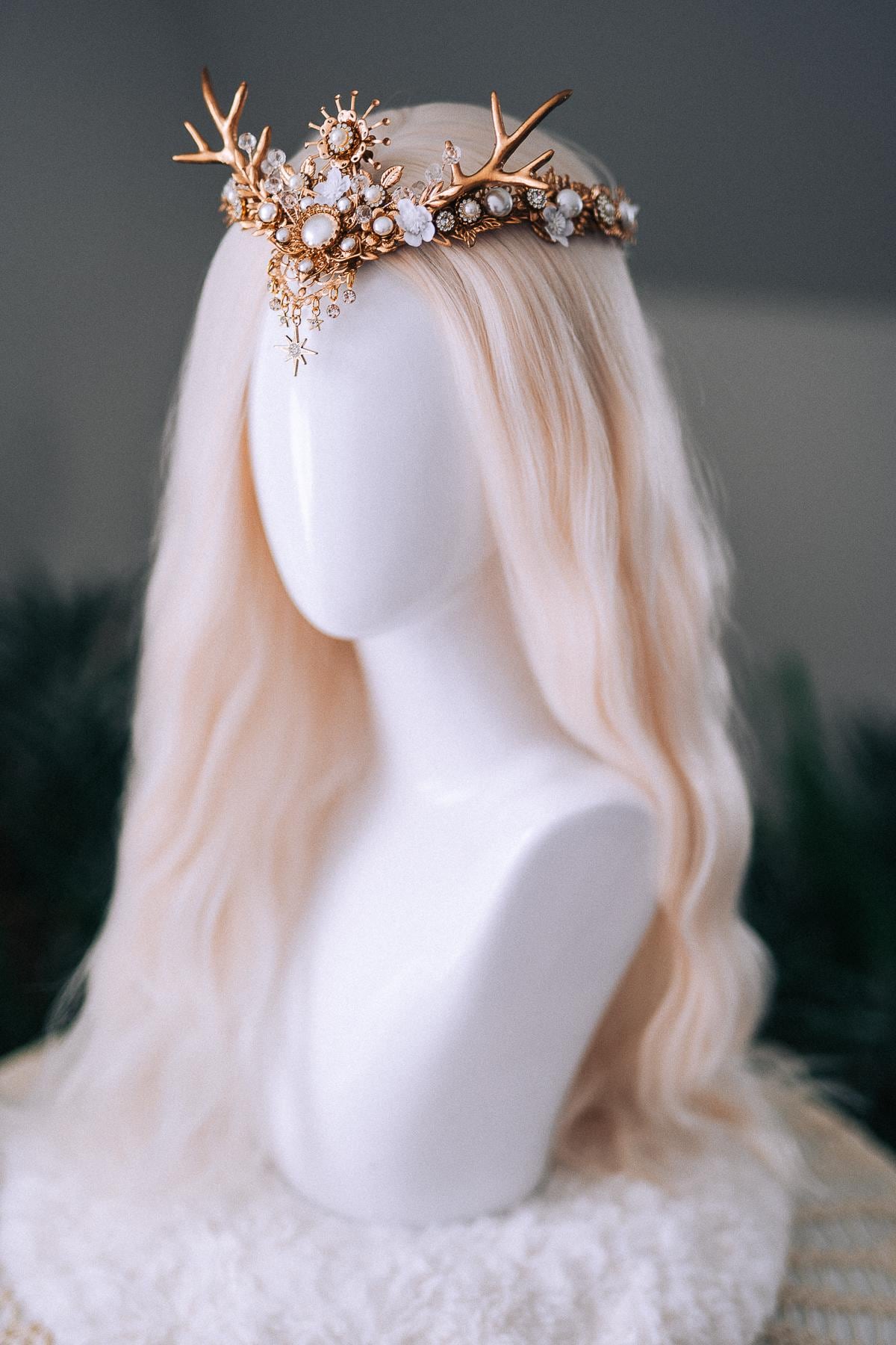 White Gold Winter Deer Crown Goddess Headpiece