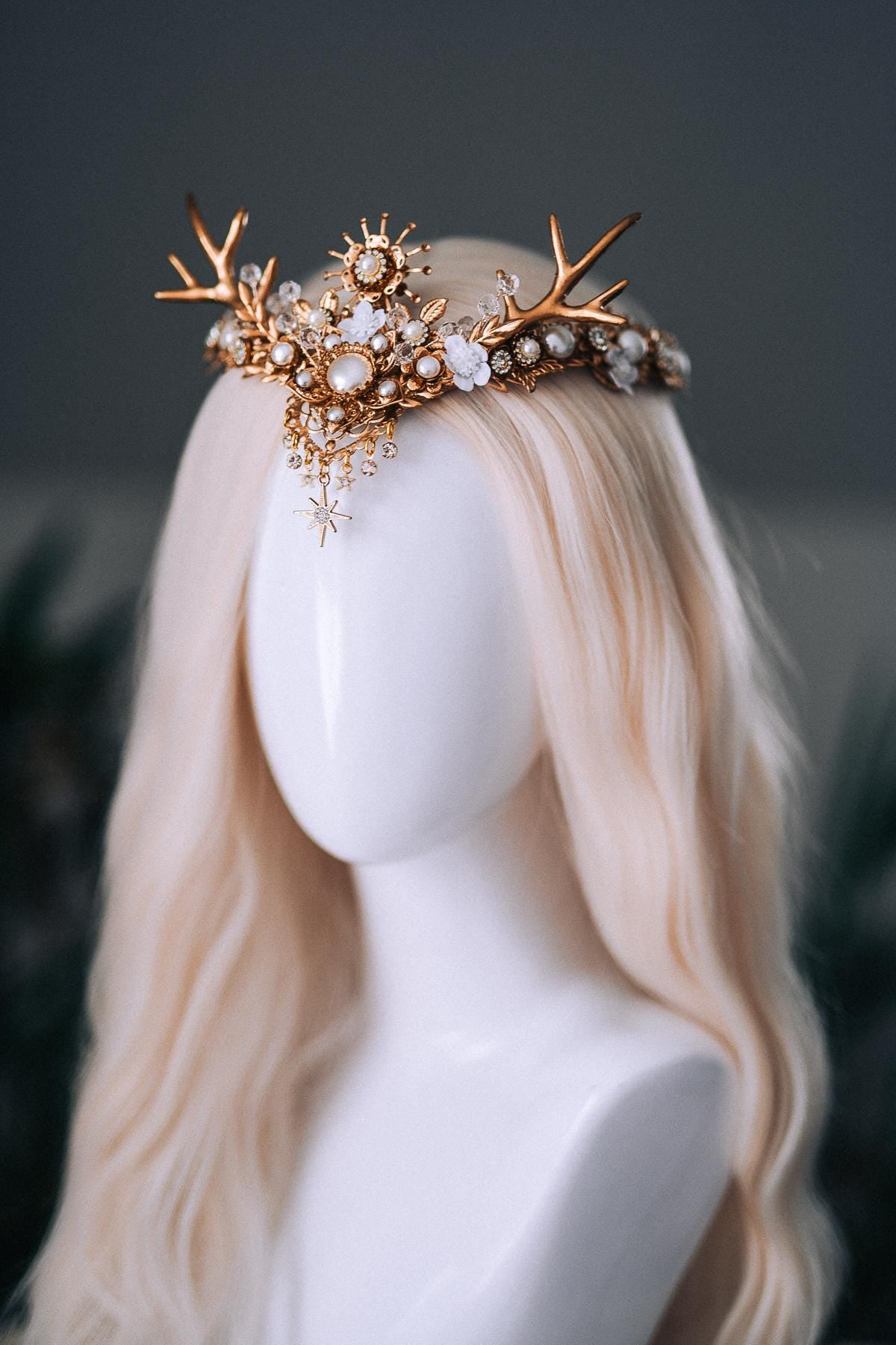White Gold Winter Deer Crown Goddess Headpiece