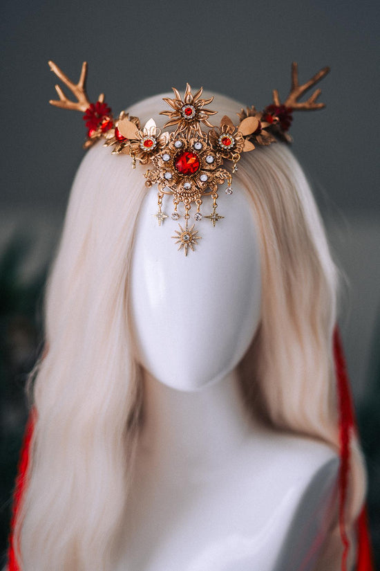 Red Gold Reindeer Christmas Goddess Crown