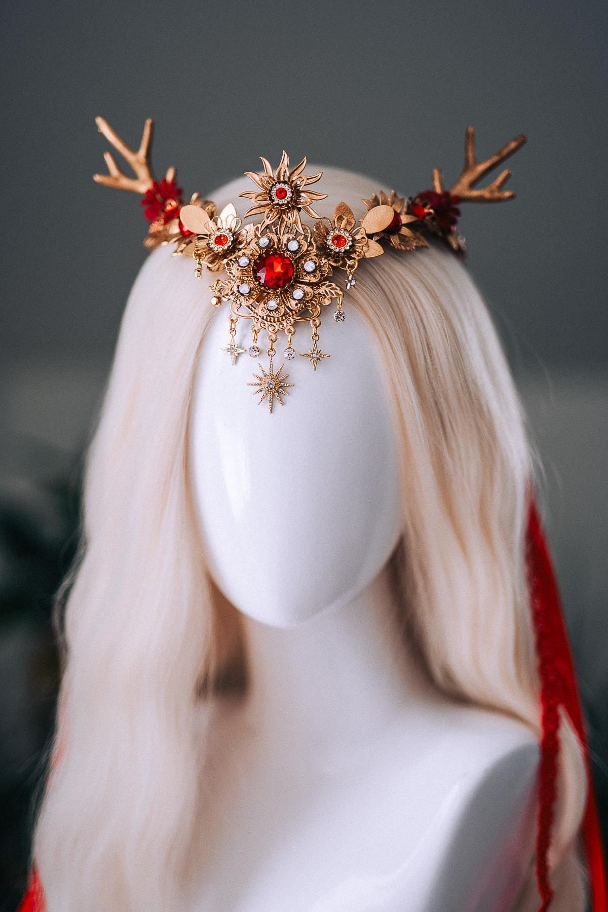 Red Gold Reindeer Christmas Goddess Crown