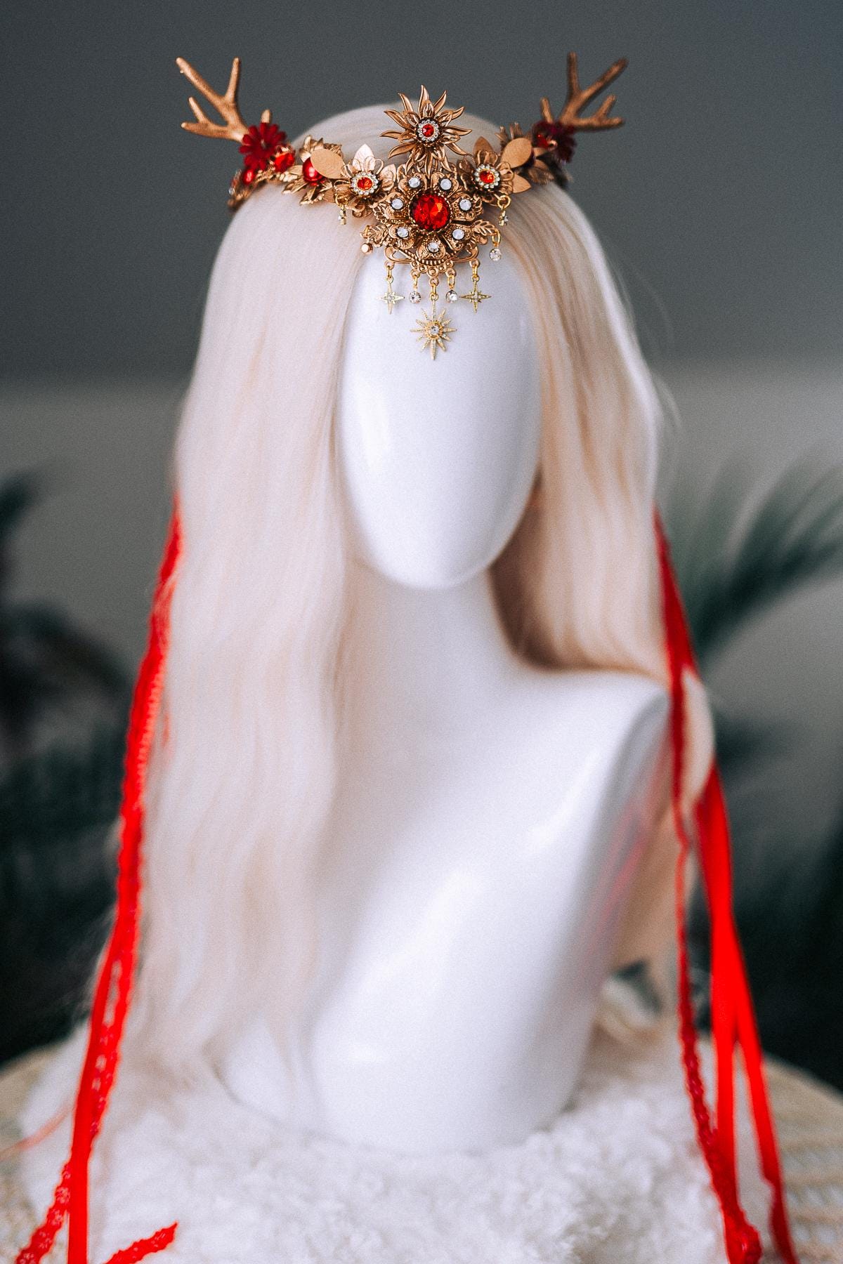 Red Gold Reindeer Christmas Goddess Crown