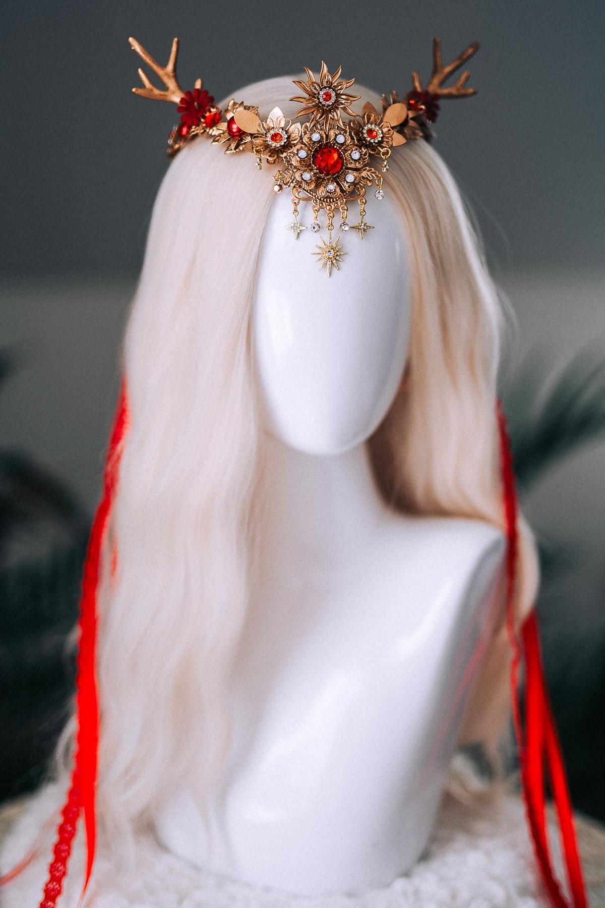 Red Gold Reindeer Christmas Goddess Crown