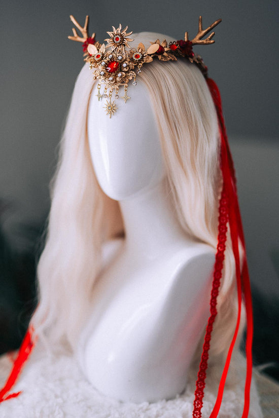 Red Gold Reindeer Christmas Goddess Crown