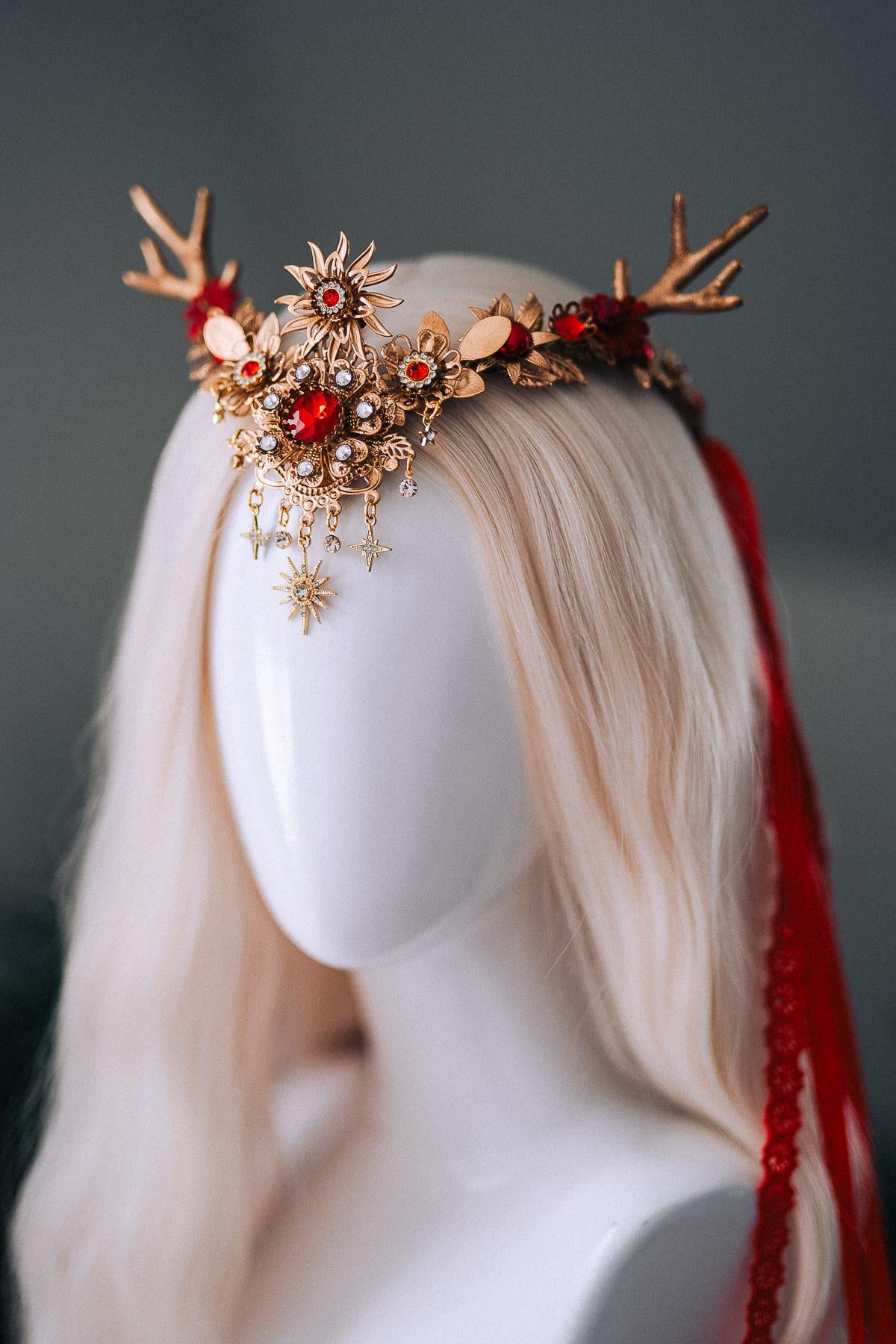 Red Gold Reindeer Christmas Goddess Crown