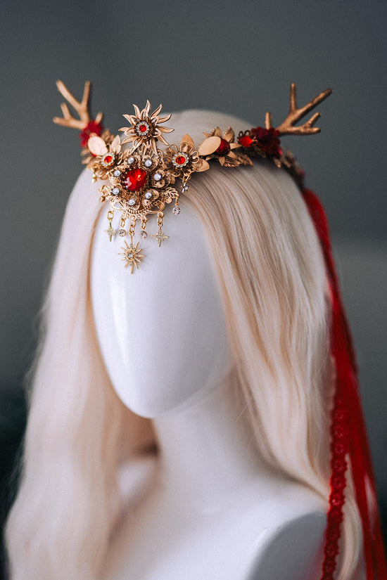Red Gold Reindeer Christmas Goddess Crown