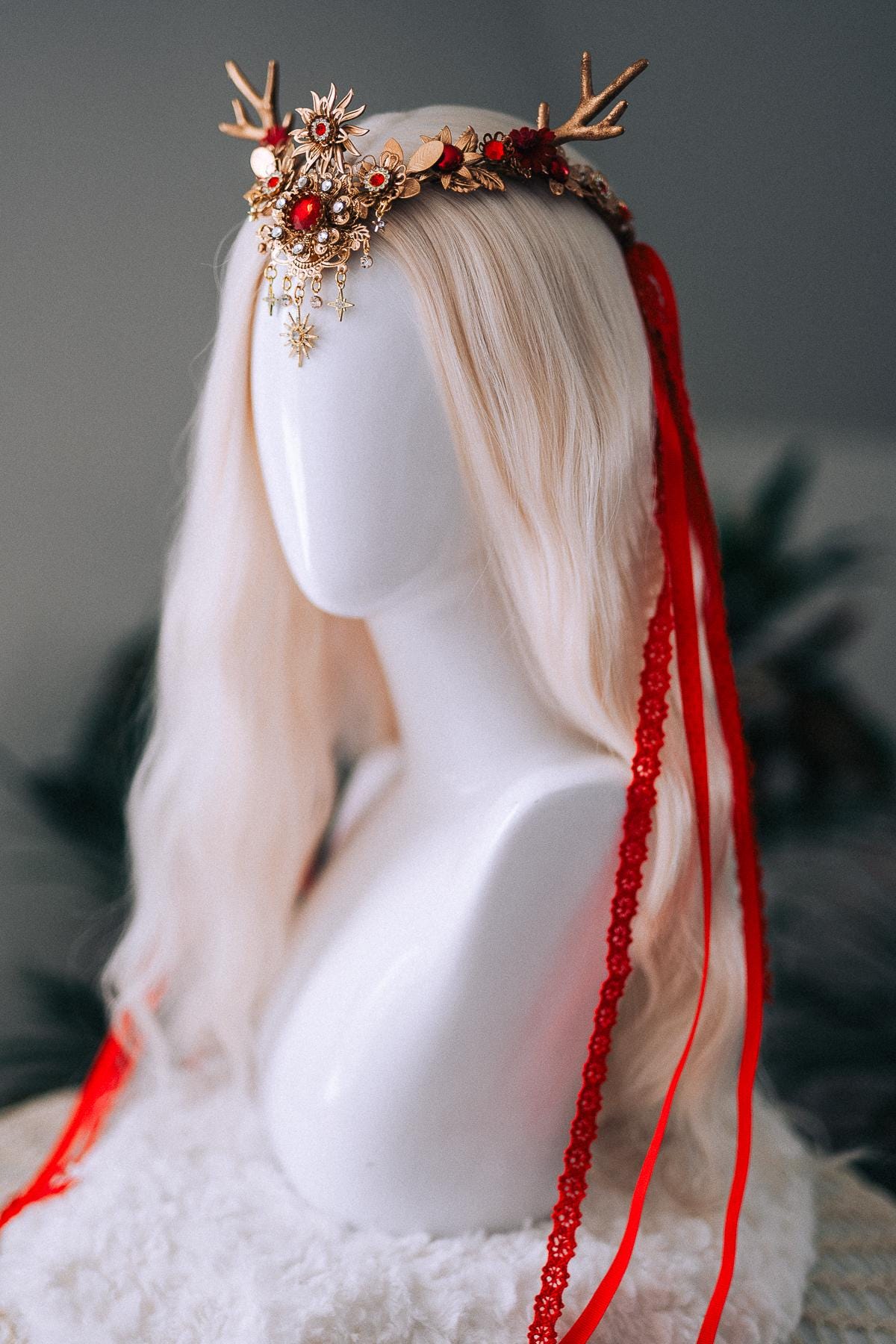 Red Gold Reindeer Christmas Goddess Crown