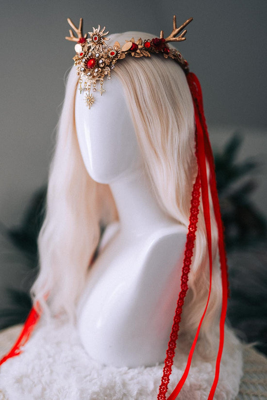 Red Gold Reindeer Christmas Goddess Crown