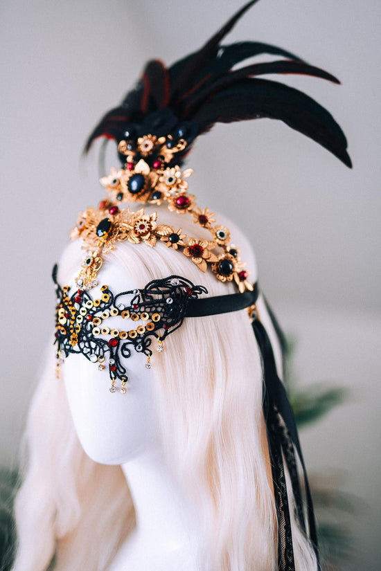 Gold Feather Masquerade Halo Crown Burgundy Crystal Carnival Headpiece