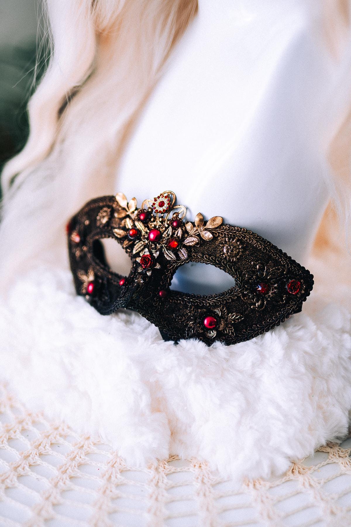 Gold Black Lace Masquerade Mask Burgundy Crystal Carnival Mask