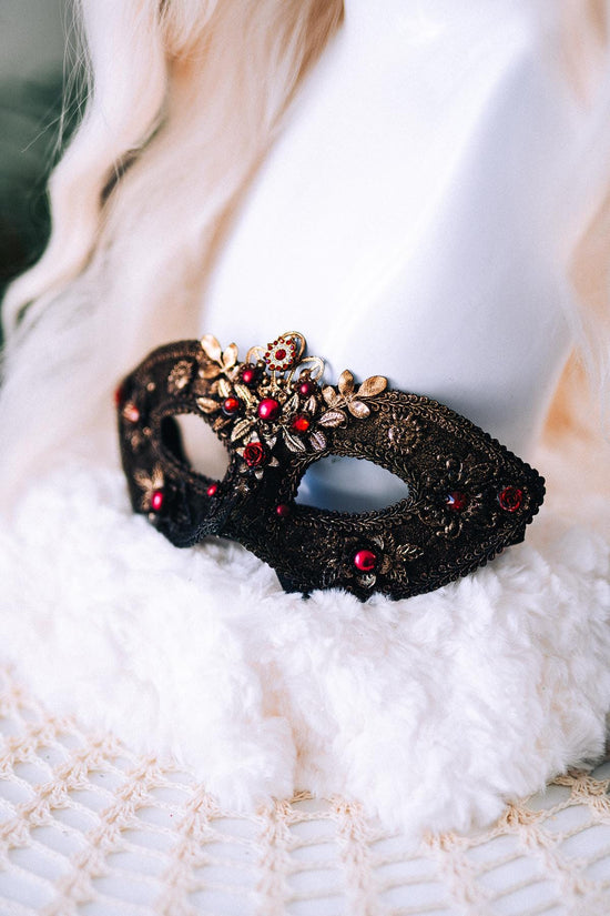 Gold Black Lace Masquerade Mask Burgundy Crystal Carnival Mask