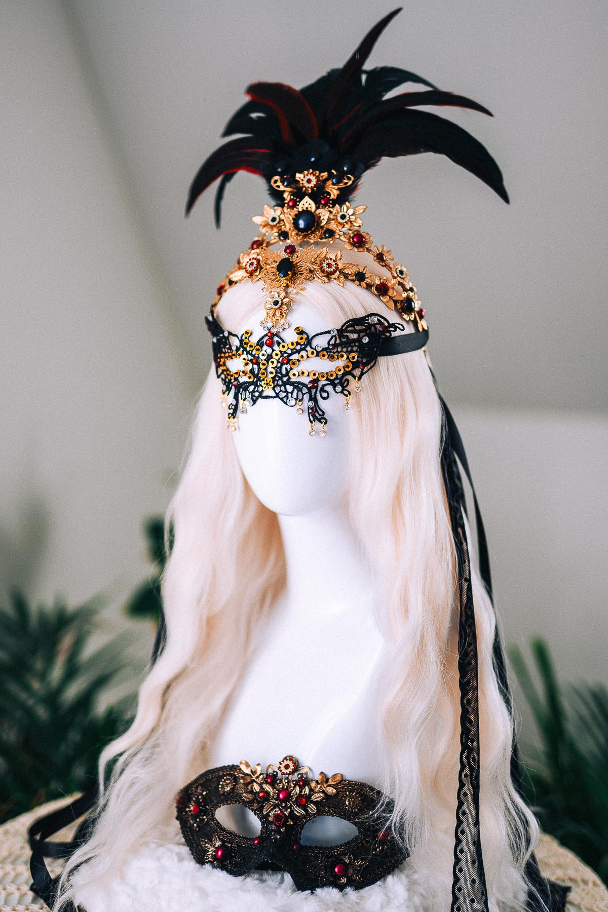 Gold Feather Masquerade Halo Crown Burgundy Crystal Carnival Headpiece